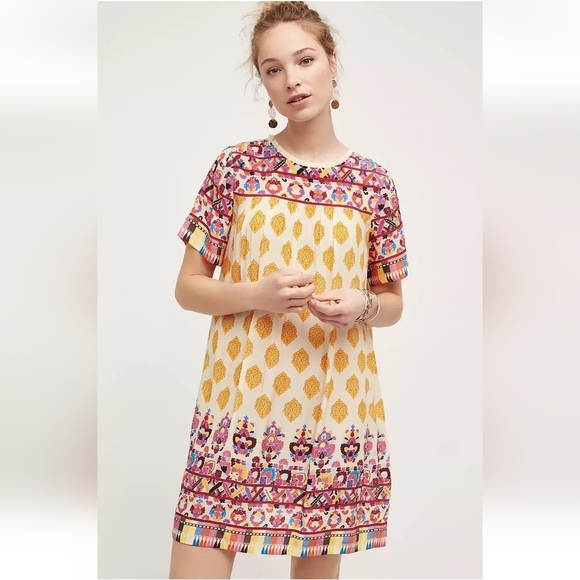 Anthropologie TANVI KEDIA S Caltha Swing DressYellow Red Beaded Boho Print EUC - Picture 1 of 12